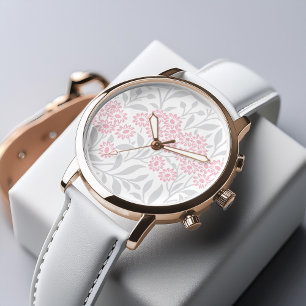 Reloj De Pulsera Patrón de Damasco Floral Gris y Rosa