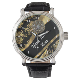Reloj De Pulsera Patrón de damasco personalizado de oro y negro