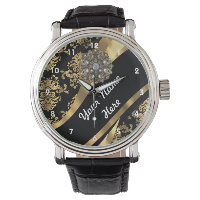 Reloj De Pulsera Patrón de damasco personalizado de oro y negro (Anverso)