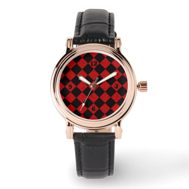 Reloj De Pulsera Patrón de damero rojo negro y hombre (Anverso)