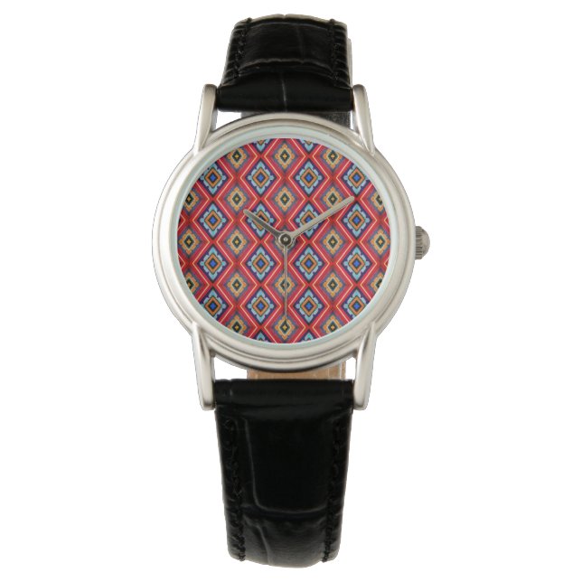 Reloj De Pulsera Patrón de diamante rojo y azul dramático (Anverso)