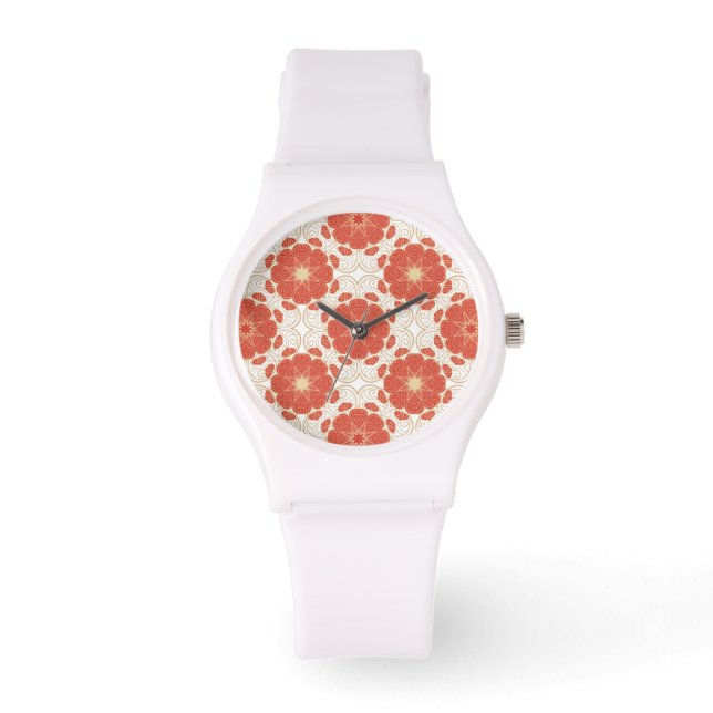 Reloj De Pulsera Patrón De Encaje Floral Rojo Y Oro (Anverso)