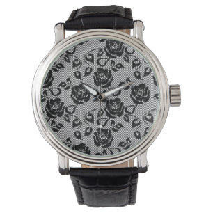 Reloj De Pulsera Patrón de encaje negro sobre fondo blanco