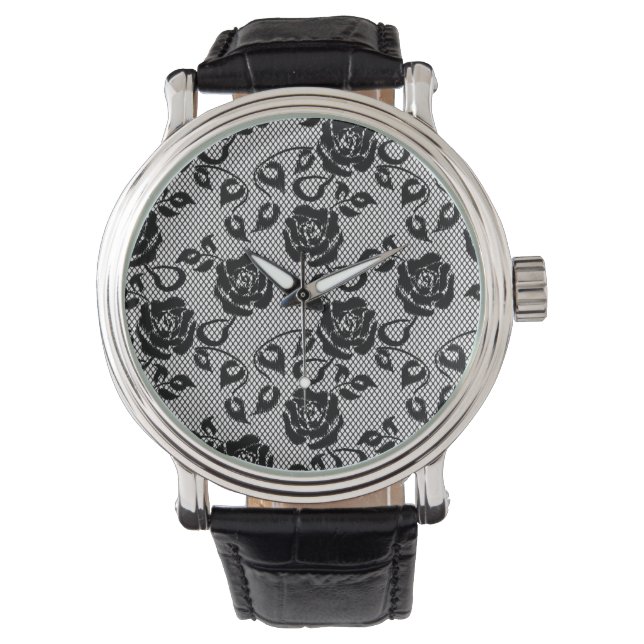 Reloj De Pulsera Patrón de encaje negro sobre fondo blanco (Anverso)