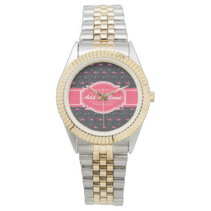 Reloj De Pulsera Patrón de flamencos rosados de nombre personaliza