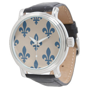Reloj De Pulsera Patrón de Flor de Lis, Azul Real Francés sobre Cre
