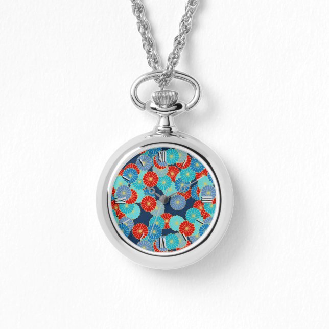 Reloj De Pulsera Patrón de flores Art Decó - azul, turquesa y rojo (Anverso)
