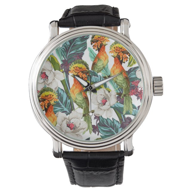 Reloj De Pulsera Patrón De Flores Aves Y Exóticas (Anverso)