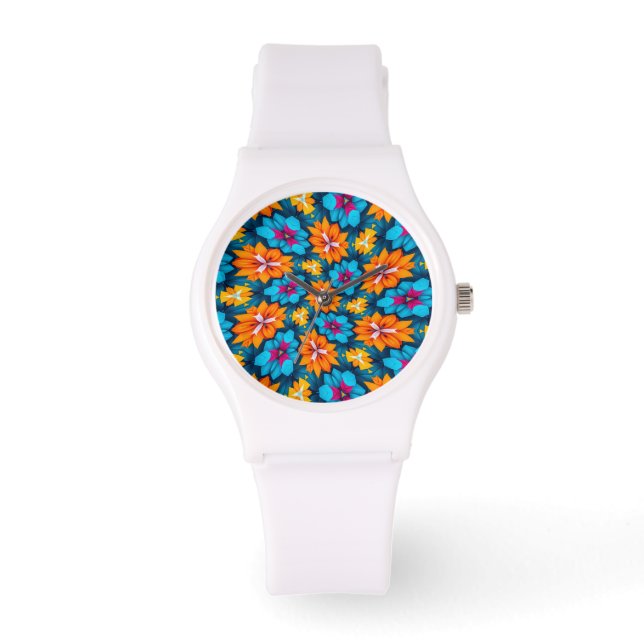 Reloj De Pulsera Patrón de flores azules y Naranjas (Anverso)