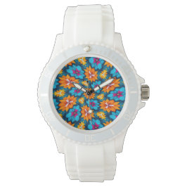 Reloj De Pulsera Patrón de flores azules y Naranjas