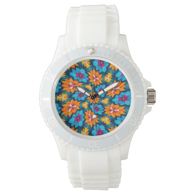 Reloj De Pulsera Patrón de flores azules y Naranjas (Anverso)