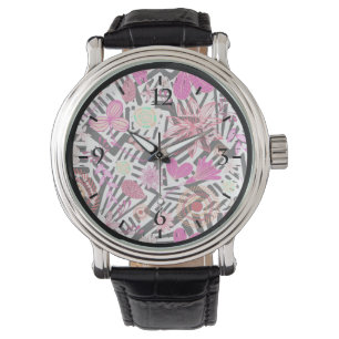 Reloj De Pulsera Patrón de flores blancas negras chic colorido