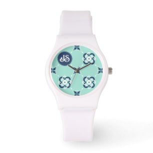 Reloj De Pulsera Patrón de flores entrelazadas de color azul oscuro
