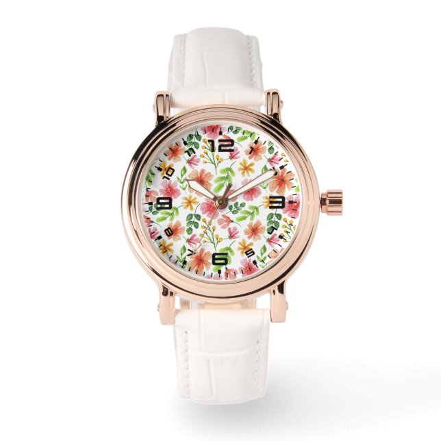 Reloj De Pulsera Patrón de flores rosadas acuarela (Anverso)