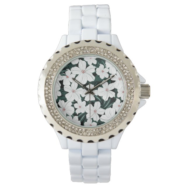Reloj De Pulsera Patrón de flores tropicales blancas (Anverso)