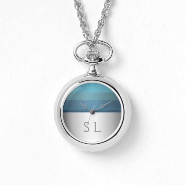 Reloj De Pulsera Patrón de franjas turquesas azules | Su Monograma (Anverso)