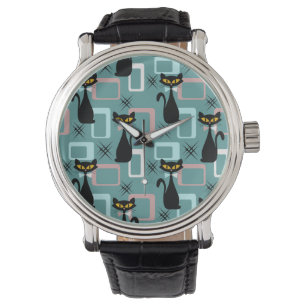 Reloj De Pulsera Patrón de gato negro de Mid Century