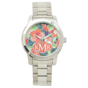 Reloj De Pulsera Patrón de Hibiscus colorido   Monograma