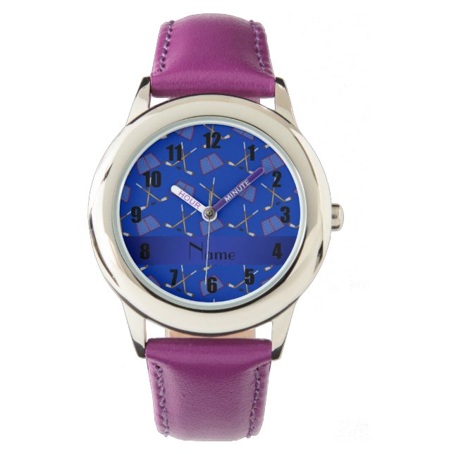 Reloj De Pulsera Patrón de hockey azul nombre personalizado (Anverso)