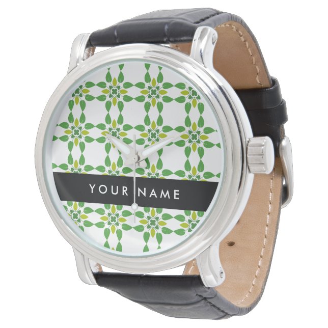 Reloj De Pulsera Patrón de Hoja, Hojas Verdes, Tu Nombre (Angular)