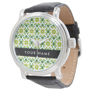 Reloj De Pulsera Patrón de Hoja, Hojas Verdes, Tu Nombre