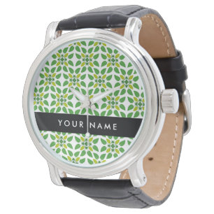 Reloj De Pulsera Patrón de Hoja, Hojas Verdes, Tu Nombre