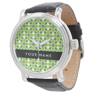 Reloj De Pulsera Patrón de Hoja, Hojas Verdes, Tu Nombre