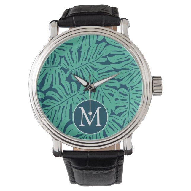 Reloj De Pulsera Patrón de hoja tropical de Monstera | Monograma (Anverso)