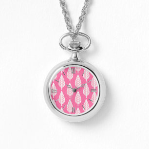 Reloj De Pulsera Patrón de hojas de haya - Rosa caliente y blanco