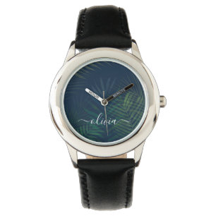 Reloj De Pulsera Patrón de hojas de palmas verdes oscuras