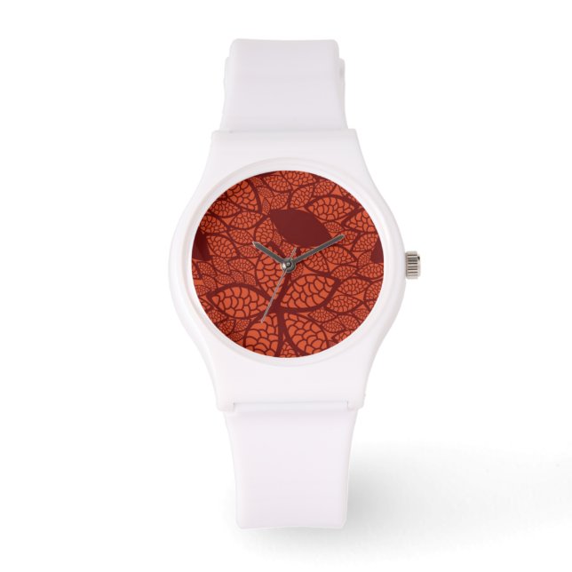 Reloj De Pulsera Patrón de hojas rojas en naranja (Anverso)