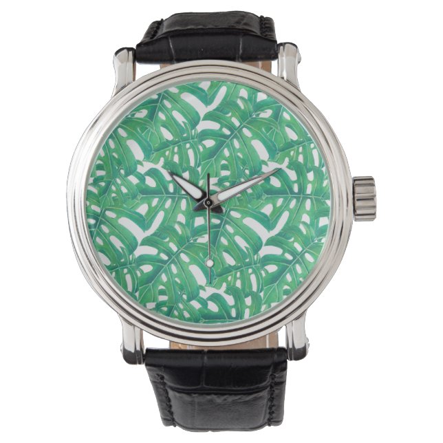 Reloj De Pulsera Patrón de hojas tropicales de monstera verde en bl (Anverso)