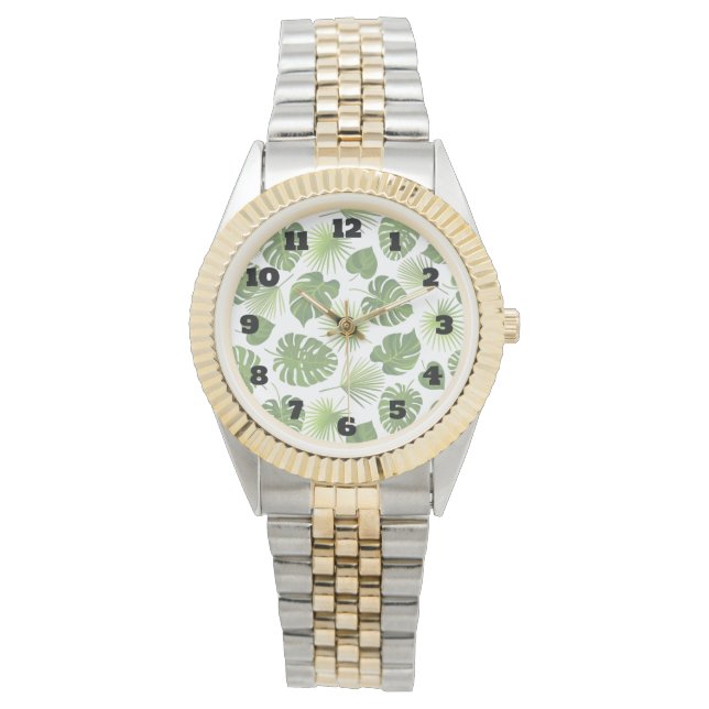 Reloj De Pulsera Patrón de hojas tropicales verdes y elegantes (Anverso)