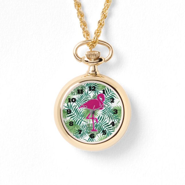 Reloj De Pulsera Patrón de hojas tropicales y flamenco rosa (Anverso)