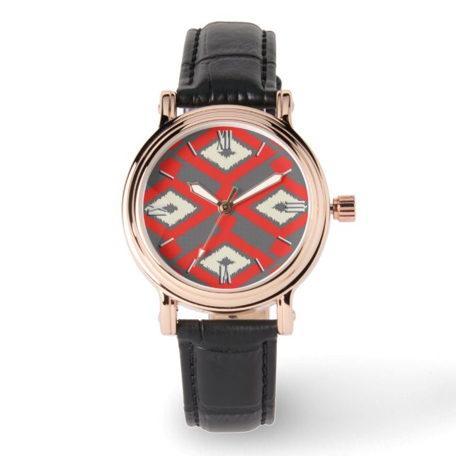 Reloj De Pulsera Patrón de Ikat - Rojo, Gris y Beige (Anverso)
