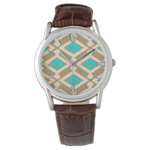 Reloj De Pulsera Patrón de Ikat - Turquesa, Taupe y Beige
