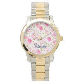 Reloj De Pulsera Patrón de jardín floral color agua rosa