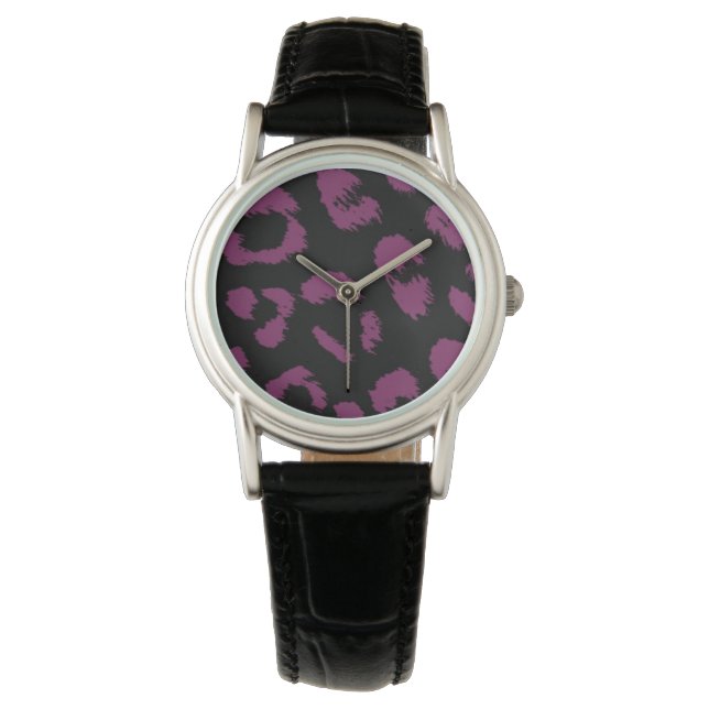 Reloj De Pulsera Patrón de leopardo negro y púrpura profundo (Anverso)