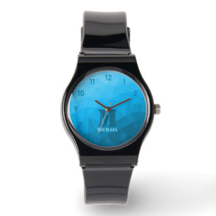 Reloj De Pulsera Patrón de malla geométrica azul Monograma