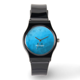 Reloj De Pulsera Patrón de malla geométrica azul Monograma Watch