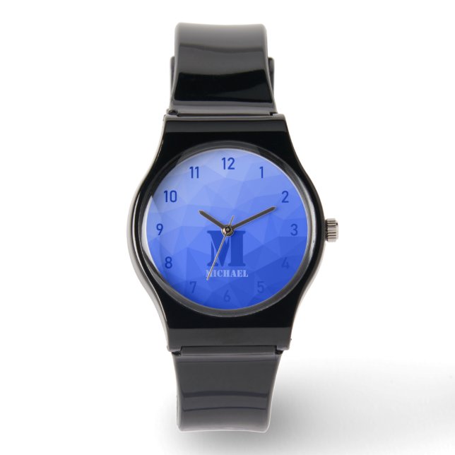 Reloj De Pulsera Patrón de malla geométrica azul oscuro Monograma (Anverso)
