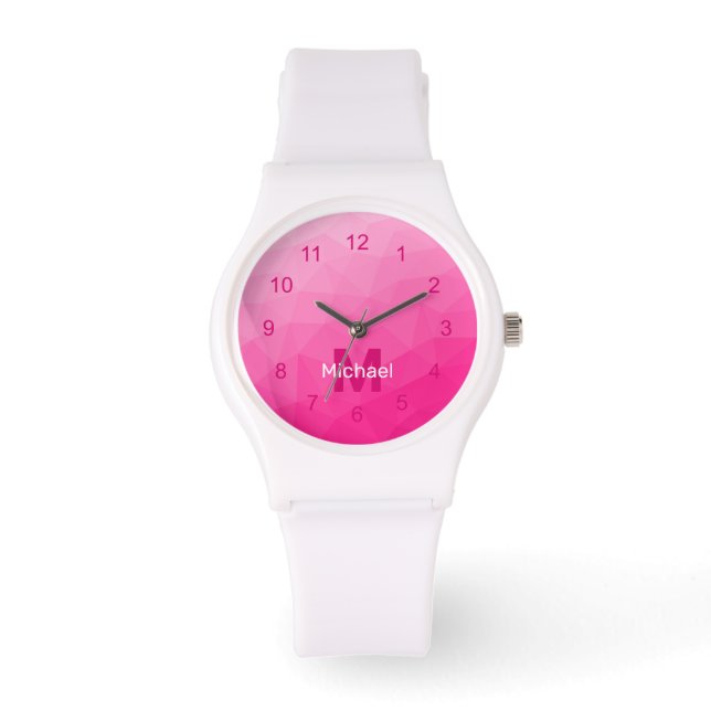 Reloj De Pulsera Patrón de malla geométrica rosa caliente Monograma (Anverso)