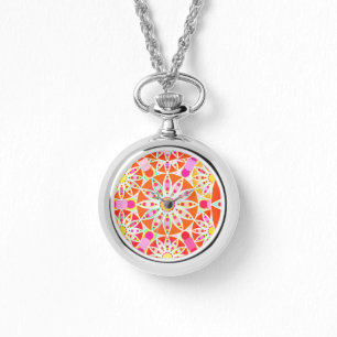 Reloj De Pulsera Patrón de Mandala, rojo coral, rosa, dorado