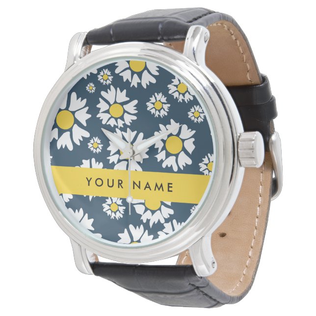 Reloj De Pulsera Patrón de margaritas, margaritas blancas, tu nombr (Angular)
