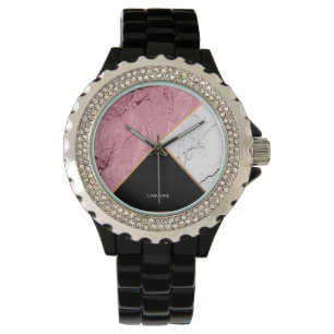 Reloj De Pulsera Patrón de mármol blanco y negro de oro Rosa