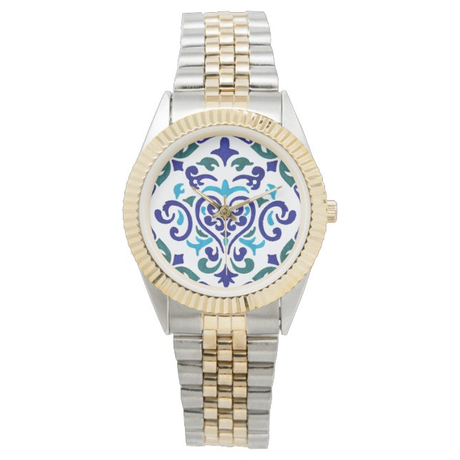 Reloj De Pulsera patrón de mosaico azul marino y blanco (Anverso)