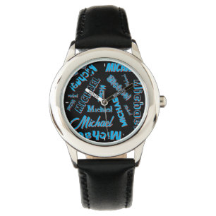 Reloj De Pulsera Patrón de nombre monograma color rojo azul