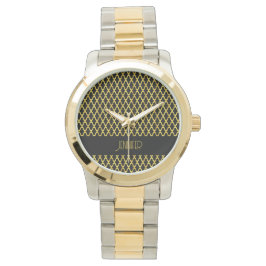 Reloj De Pulsera Patrón de oro y quatrefol negro en monograma