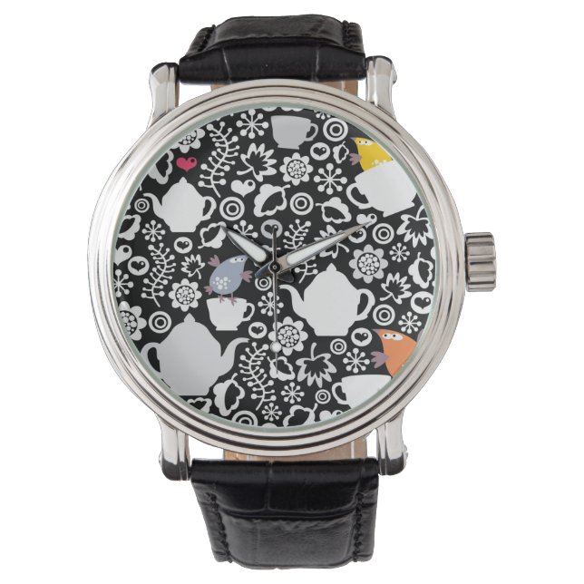 Reloj De Pulsera Patrón de pájaros y tazas (Anverso)