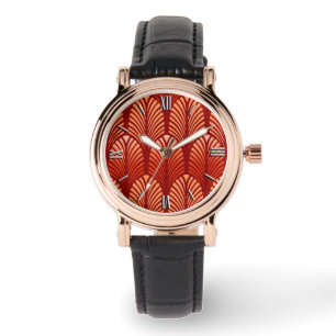 Reloj De Pulsera Patrón de plumas Art Deco, Naranja mandarín